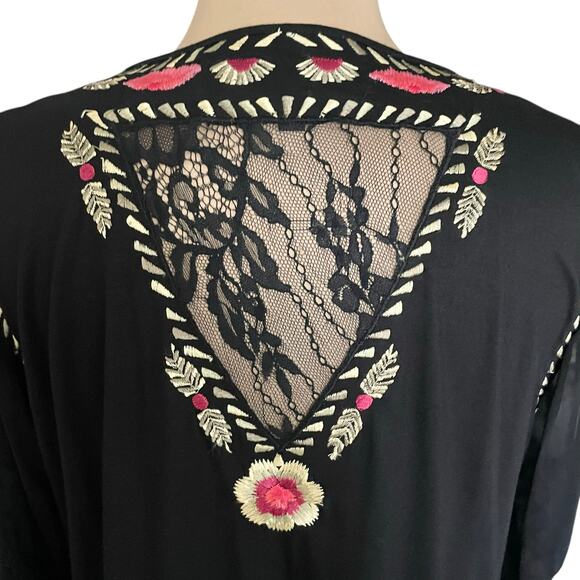 Vintage Collection Black Chiffon Floral Embroidery Lace V-neck Tunic Size L Boho - Picture 7 of 9